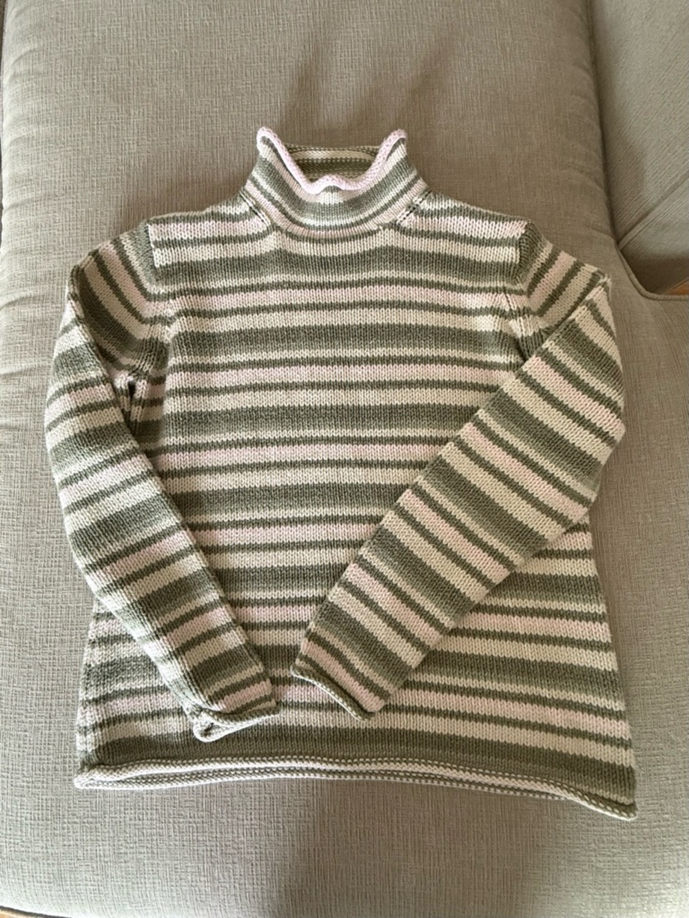 Eddie Bauer Pink, Green, and Cream Striped Turtleneck Sweater, Size Large